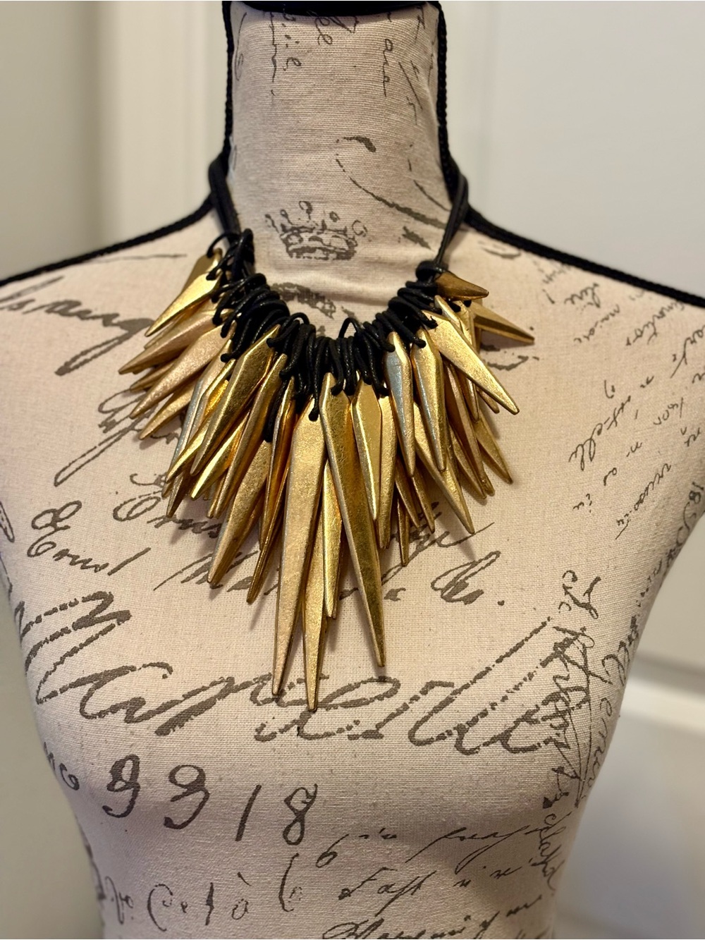 Monies Denmark Leather Gold Foil Spike Necklace Runway Wearable Art $1595 - Picture 2 of 11